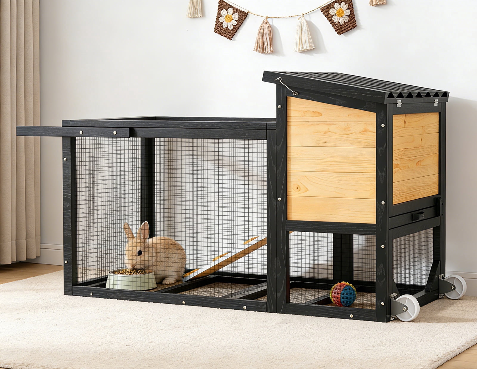 TIMHAKA 2-Story Rabbit Hutch, Wooden Bunny Cage w/ Chew-Proof Ramp & Wheels & Pull-Out Tray for Rabbits & Small Animals, Black & Yellow