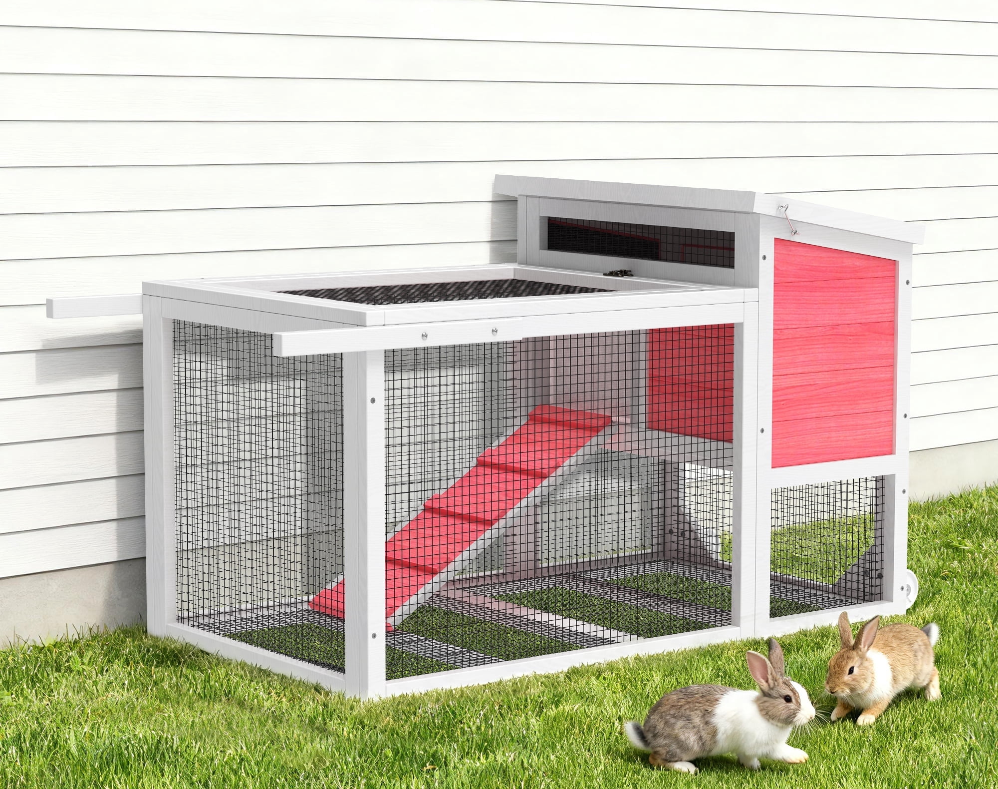 MEDEHOO Two-Story Rabbit Hutch with Wheels Guinea Pig Cage Indoor Outdoor Bunny Cage with 2 Deep MEDEHOO Two-Story Rabbit Hutch with Wheels Guinea Pig Cage Indoor Outdoor Bunny Cage with 2 Deep