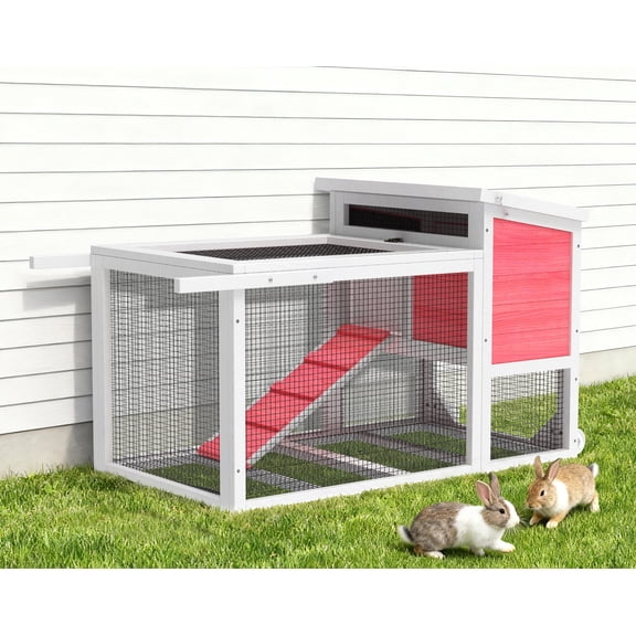TIMHAKA 2-Story Rabbit Hutch, Wooden Bunny Cage w/ Chew-Proof Ramp & Wheels & Pull-Out Tray for Rabbits & Small Animals, White & Pink