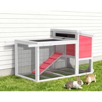 TIMHAKA 2-Story Rabbit Hutch, Wooden Bunny Cage w/ Chew-Proof Ramp & Wheels & Pull-Out Tray for Rabbits & Small Animals, White & Pink
