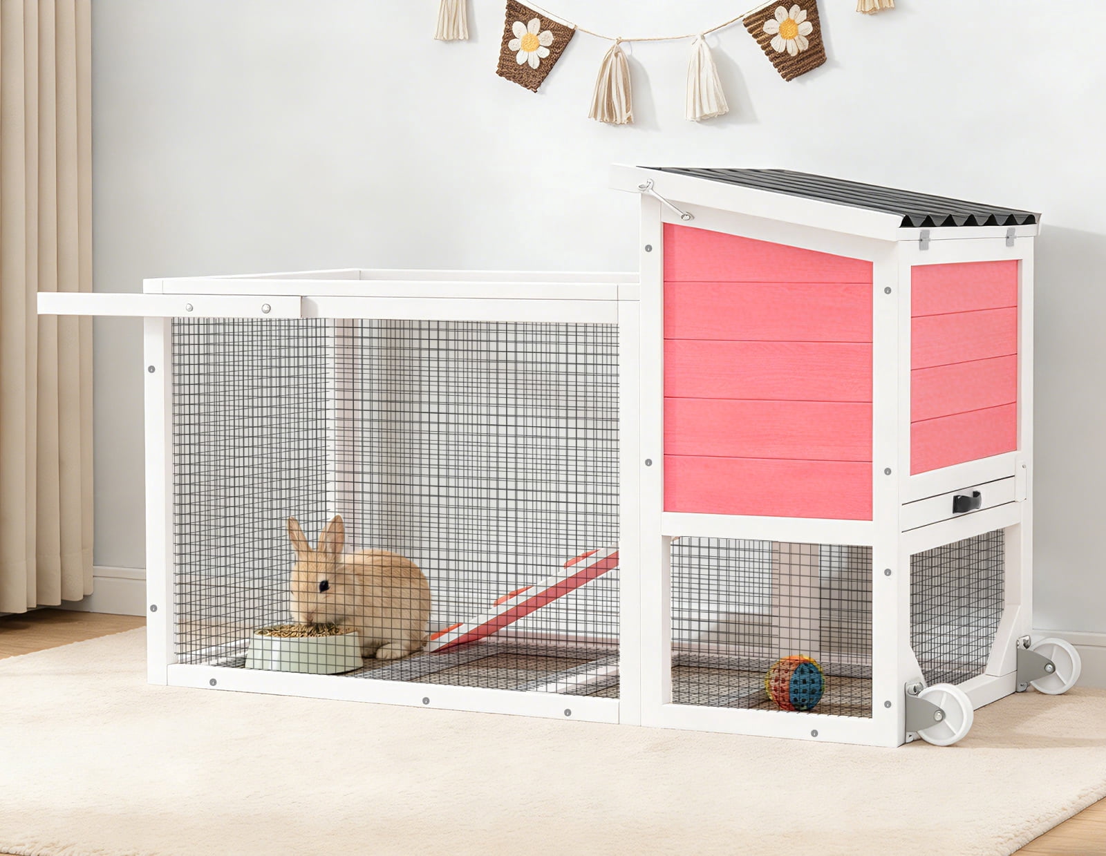 TIMHAKA 2-Story Rabbit Hutch, Wooden Bunny Cage w/ Chew-Proof Ramp & Wheels & Pull-Out Tray for Rabbits & Small Animals, White & Pink