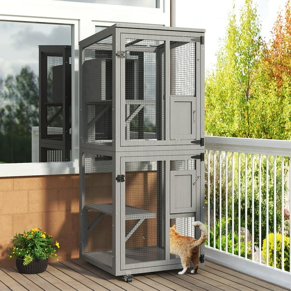 TIMHAKA 4 Tiers Removable Cat Catio with PVC Layer,Cat House Outdoor Catio with Sunshine Panel Waterproof Roof,Large Enclosure with Run on 4 Wheels,Gray