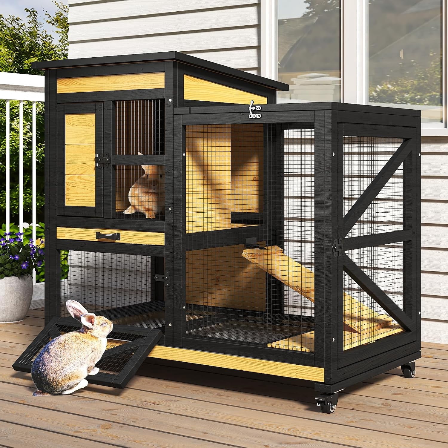 AECOJOY Raised Rabbit Hutch with No Leak Tray Run Indoor