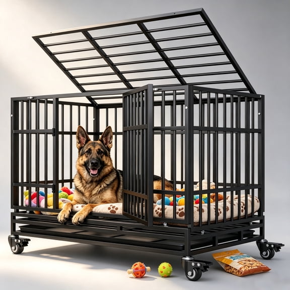 TIMHAKA 48 Inch Heavy Duty Steel Dog Crate with Wheels, Tray & Double Doors for Large Dogs