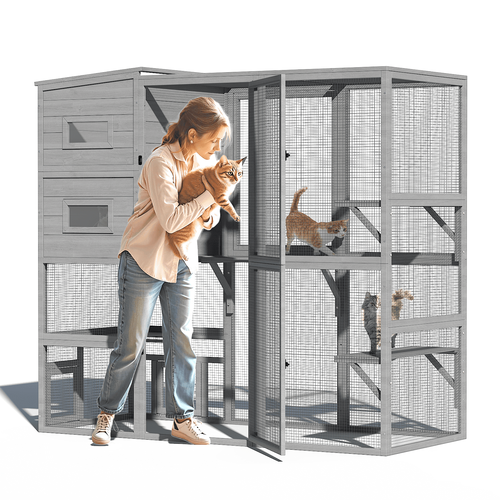 TIMHAKA Large Cat Enclosure, 4 Tiers Catio w/ Weatherproof Roof, 3 Resting Rooms, 3 Platforms & 2 Large Doors for Outdoor Indoor Cats, 76”×33”×71”