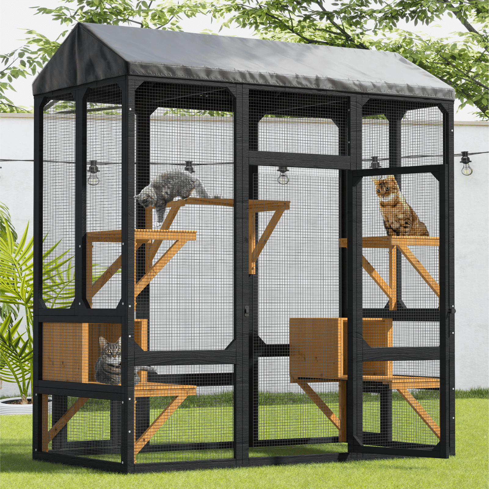 OVEXIR 72” Catio Outdoor Cat Enclosure, Large Cat Catio for Multiple Cats, Outdoor Cats Enclosure with Waterproof Cover, Black & Yellow