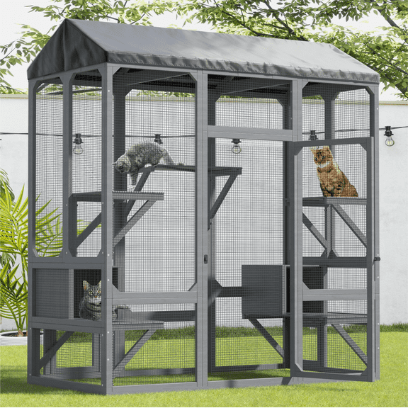 TIMHAKA 72” Catio Outdoor Cat Enclosure, Large Cat Catio for Multiple Cats, Outdoor Cats Enclosure with Waterproof Cover, Gray