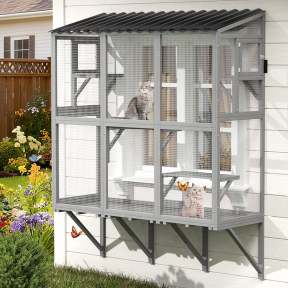 TIMHAKA Wooden Cat Window Box Enclosure w/ 4 Platforms for Multiple Indoor Cats