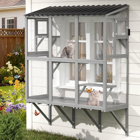 TIMHAKA Wooden Cat Window Box Enclosure w/ 4 Platforms for Multiple Indoor Cats