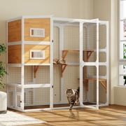 TIMHAKA Catio Outdoor Cat Enclosure Large Wooden Cat House for Mulitiple Cats w/ Resting Box, Platform, Waterproof Roof & Large Door, White