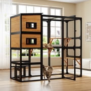 TIMHAKA Catio Outdoor Cat Enclosure Large Wooden Cat House for Multiple Cats w/ Resting Box, Platform, Waterproof Roof & Large Door, Black & Yellow