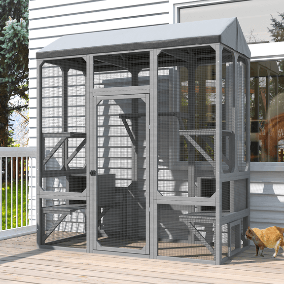 TIMHAKA 72” Catio Outdoor Cat Enclosure, Large Cat Catio for Multiple Cats, Outdoor Cats Enclosure with Waterproof Cover, Gray