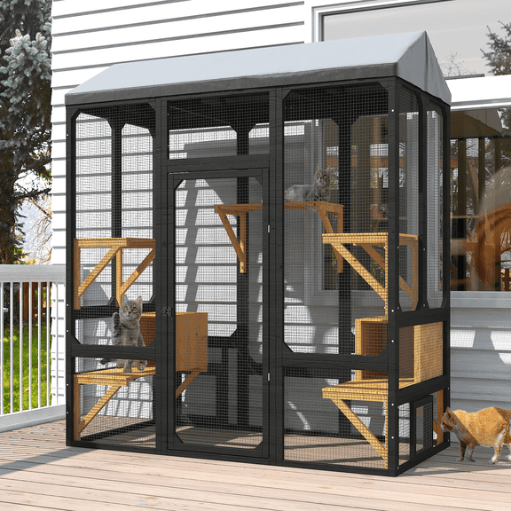 TIMHAKA 72” Catio Outdoor Cat Enclosure, Large Cat Catio for Multiple Cats, Outdoor Cats Enclosure with Waterproof Cover, Black & Yellow
