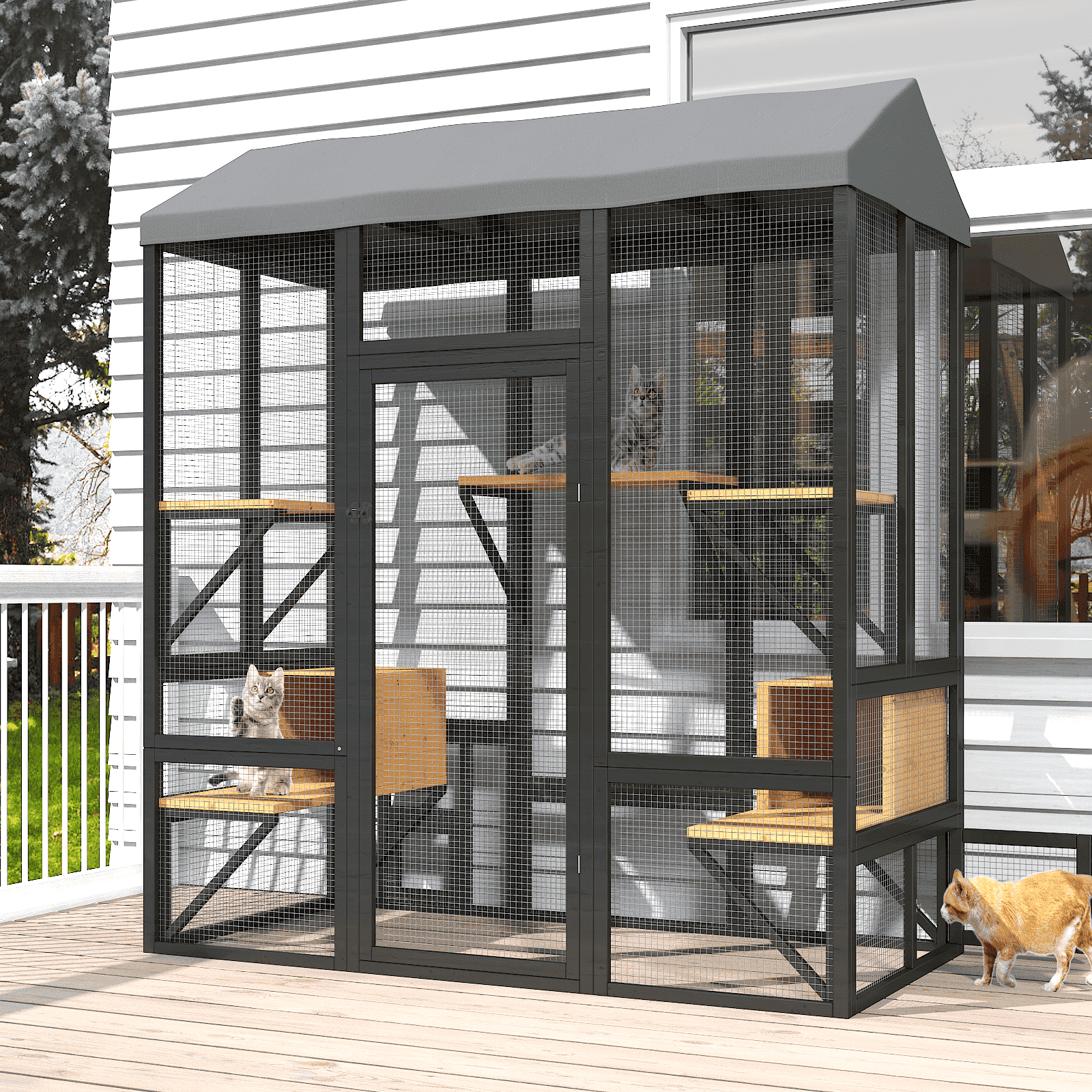 TIMHAKA 72’’ Catio Outdoor Cat Enclosure, Large Cat House for Multiple Cats w/ Waterproof Cover, 7 Platforms & 2 Resting Box, Black & Yellow