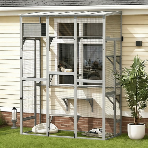 TIMHAKA Extra Large Window Catio Enclosure  w/ Waterproof Roof & Sleeping Box for Multiple Pets, 74.8"x33.5"x100"