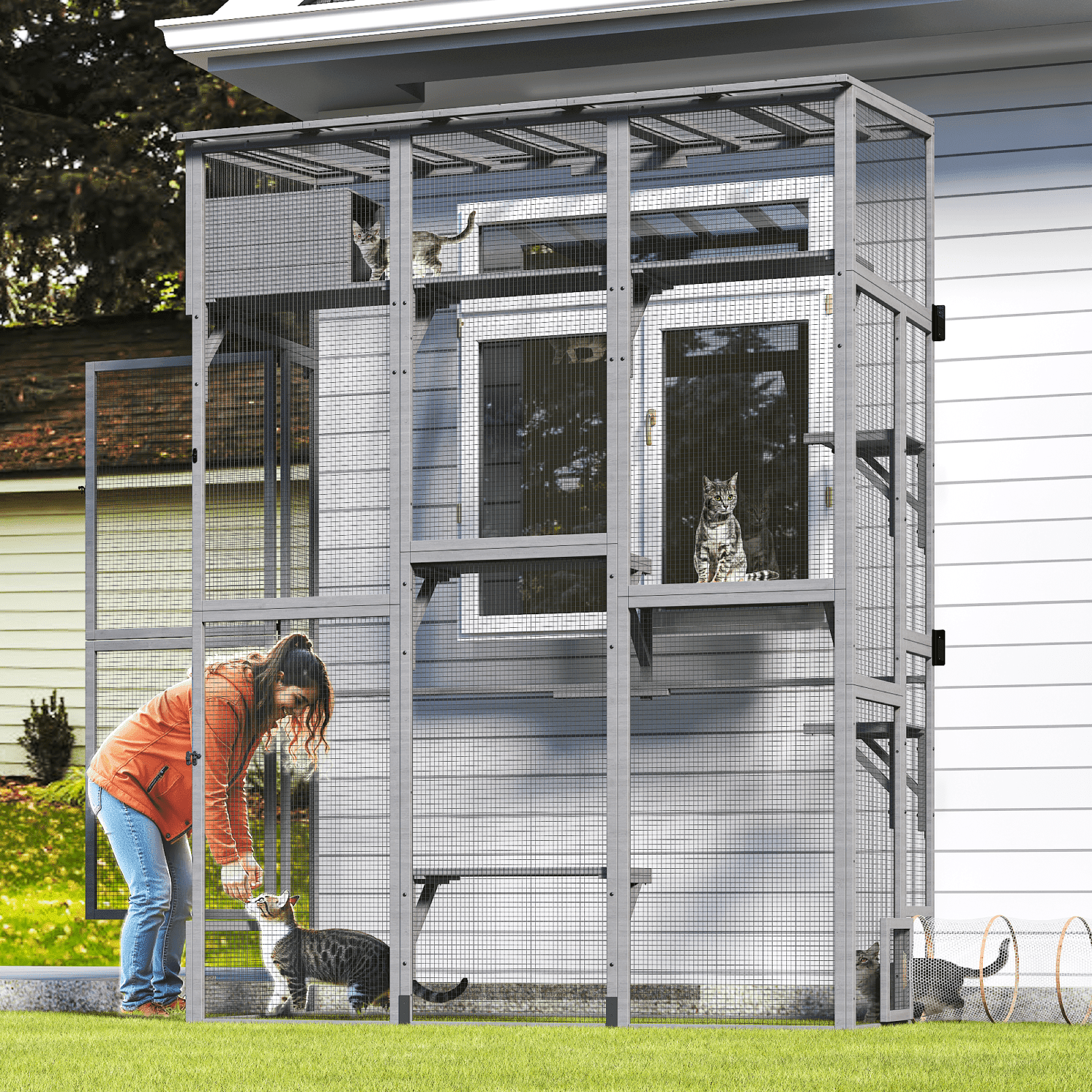 TIMHAKA Catio Window Cat Enclosure, Large Outdoor Cat House with Waterproof Roof, Sleeping Box, 100