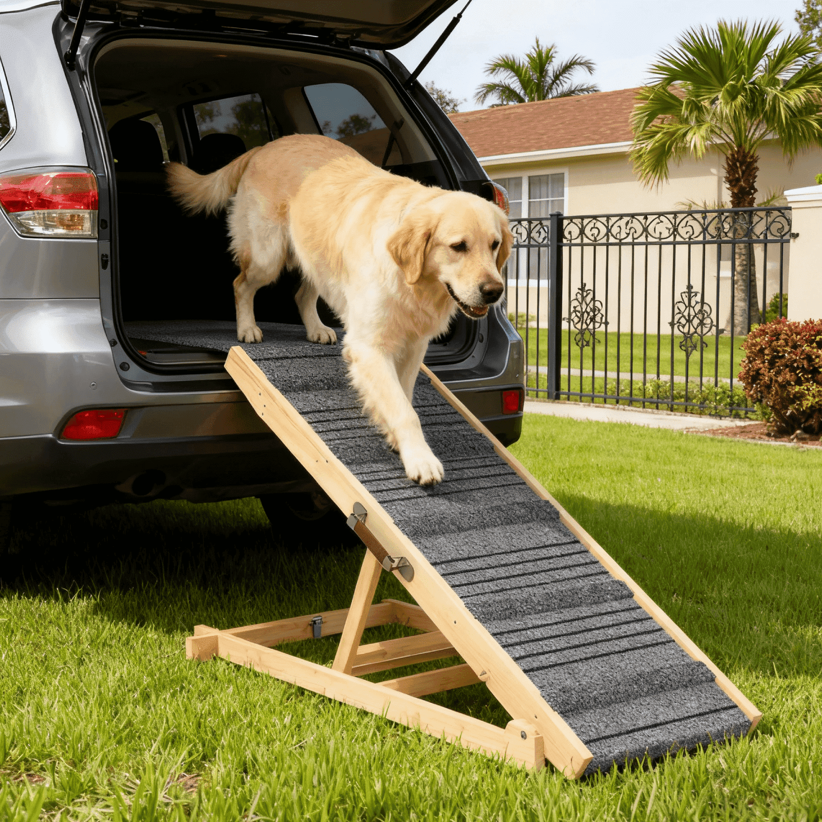 TIMHAKA Dog Ramp for Bed w/ 7 Adjustable Heights, Folding Pet Ramp for Small, Large & Cats w/ Non-Slip Surface & Strip, Height from 10.2" to 26.8"(Supports up to 150lbs)