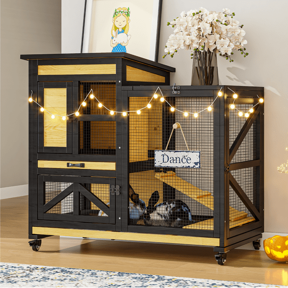 TIMHAKA Large 2-Story Rabbit Cage with Run Indoor & Outdoor Bunny Hutch 2 Removable Trays, Waterproof Roof, 4 Metal Wheels