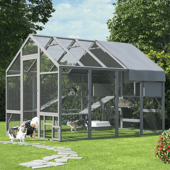 TIMHAKA Large Catio for Multiple Cats, Wooden Outdoor Enclosure with 7 Platforms, 2 Bridges & Resting Boxes, Weatherproof Cover, 71"x71"x97"