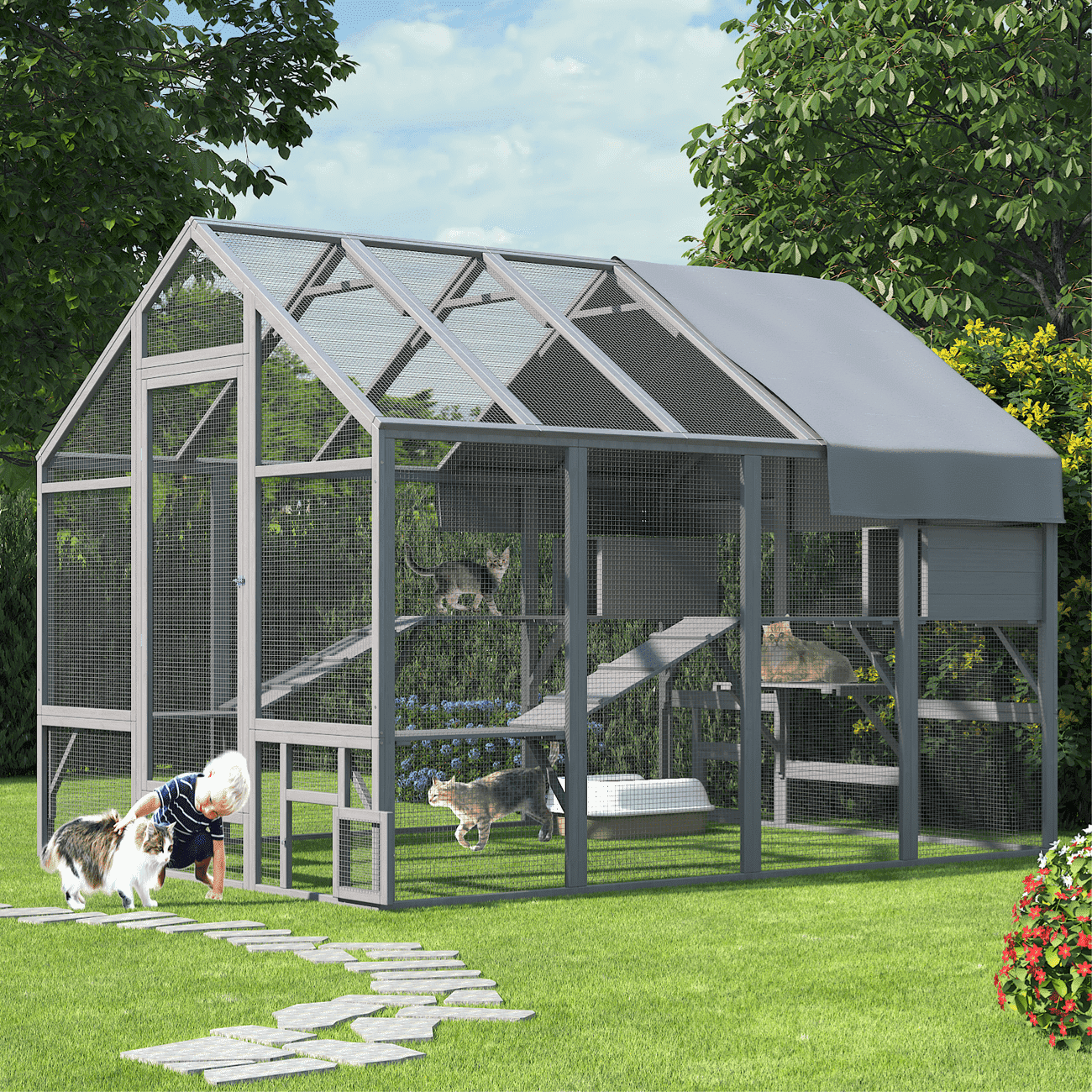 TIMHAKA Large Catio for Multiple Cats, Wooden Outdoor Enclosure with 7 ...