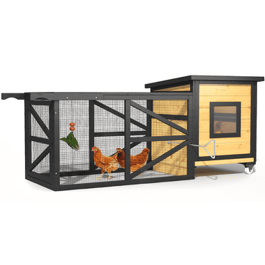 TIMHAKA Movable Chicken Coop with Wheels, 71" Small Chicken House for Outside with Window, Wooden Duck Coop Houses, Mobile Hen Hutch with Run, Waterproof Asphalt Roof, Removable Tray & Hanging Feeder