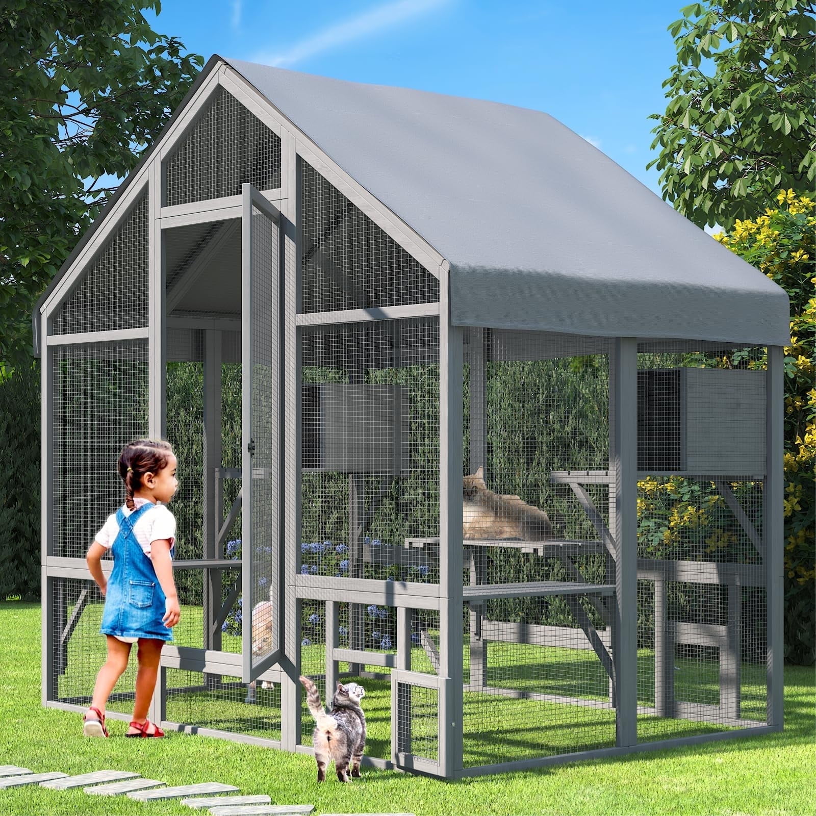 TIMHAKA Outdoor Cat Enclosure, Large Pet House with 2 Resting Boxes, 7 Platforms, Weatherproof Cover, 71" x 49" x 71", for Small to Medium Cats - Walmart.com