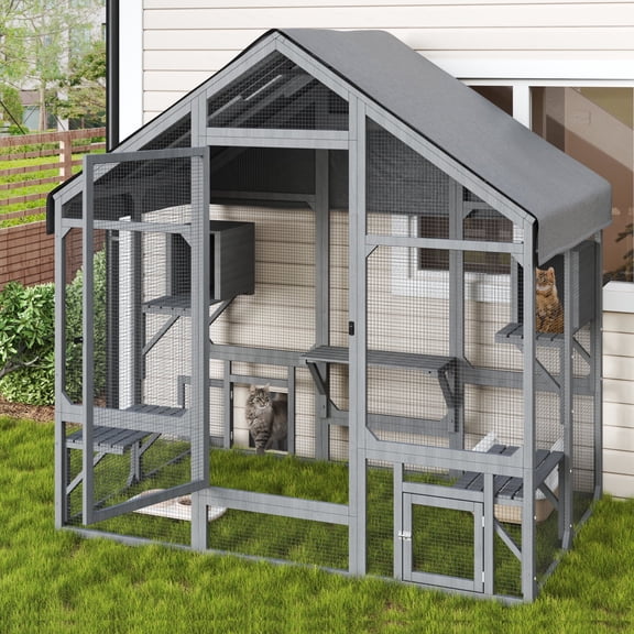 TIMHAKA 71" Large Outdoor Catio Enclosure w/ 7 Tiered Platforms, 2 Premium Resting Boxes, UV-Resistant Cover