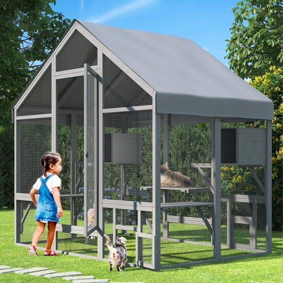TIMHAKA Outdoor Cat Enclosure, Large Pet House with 2 Resting Boxes, 7 Platforms, Weatherproof Cover, 71" x 49" x 71", for Small to Medium Cats