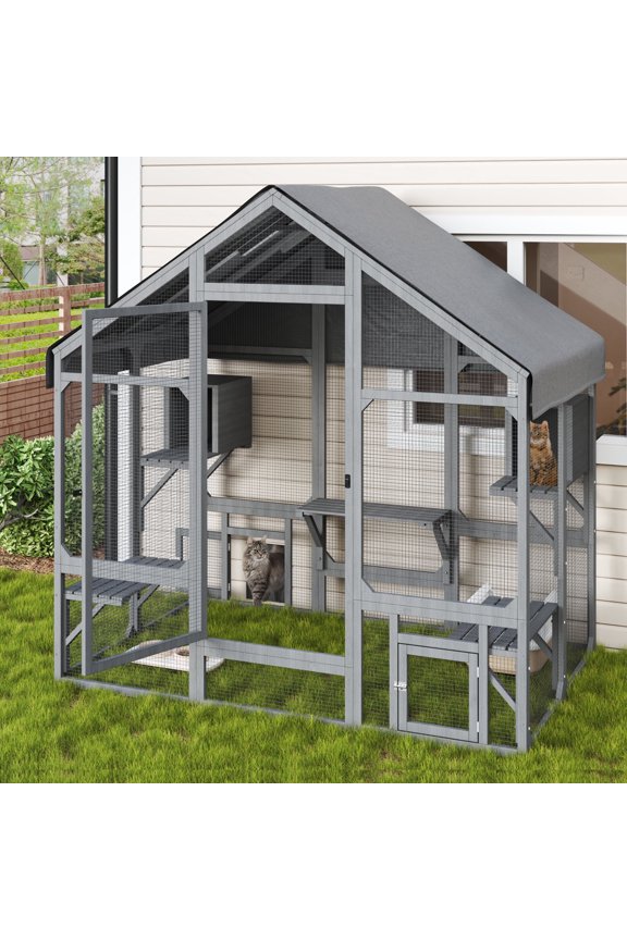 71" Large Outdoor Catio Enclosure w/ 7 Tiered Platforms, 2 Premium Resting Boxes, UV-Resistant Cover