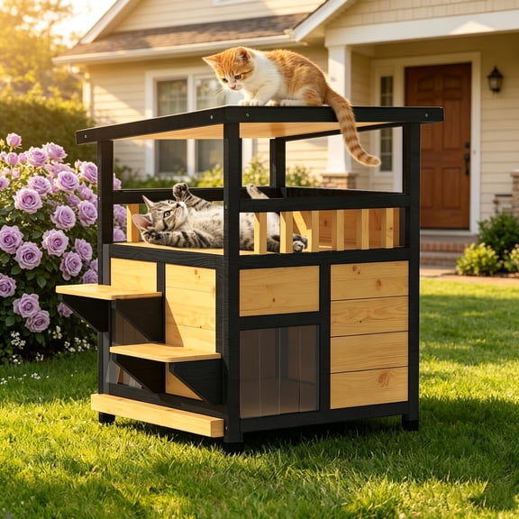 TIMHAKA 2-Story Outdoor Cat House, Wooden Feral Cat Shelter w/ Escape Door, Pull-Out Bottom & Scratching Mat