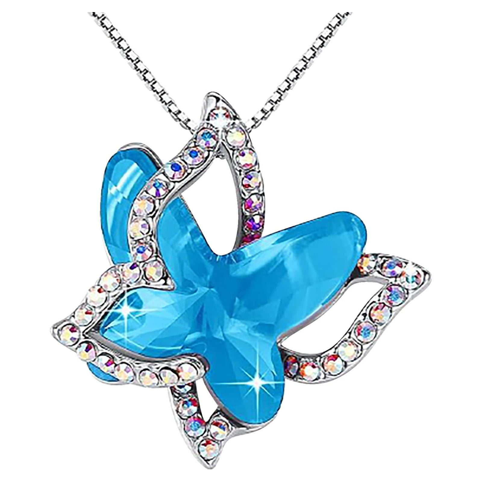 Blue skies and endless possibilities with this handcrafted butterfly  necklace.This necklaceis jeweled with crystals. Butterflies are deep and  powerful representations of life. Some people view the butterfly as  representing endurance, change, hope,