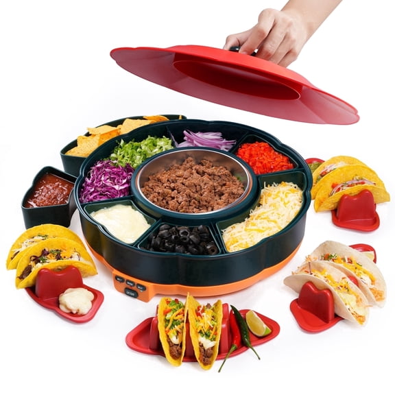 Electric Heated Taco Tuesday Kit - Taco Bar Serving Set for a Party, including a 33oz heated pot, 4 taco holders, a detachable lazy Susan tray, 3-level heating.