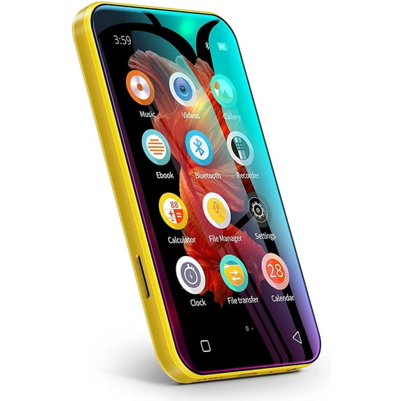 TIMMKOO 72GB MP3 Player with Bluetooth, 4.0" Full TouchScreen Mp4 Mp3 Player with Speaker, Portable HiFi Sound Mp3 Music Player with Bluetooth, Voice Recorder, Supports up to 512GB TF Card (Yellow)