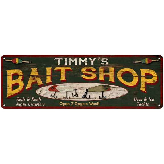 TIMMY'S Bait Shop Sign Wood Look Man Cave Den Gift 6x18 Metal 206180024482