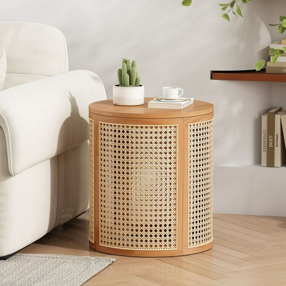 TIMOREN 15.7" Round End Table, Hollow Woven Side Table with Rattan Style Design, Rubber Wood Nightstand, Small Accent Tea Table with Round Top for Living Room, Bedroom, Entryway, Natural