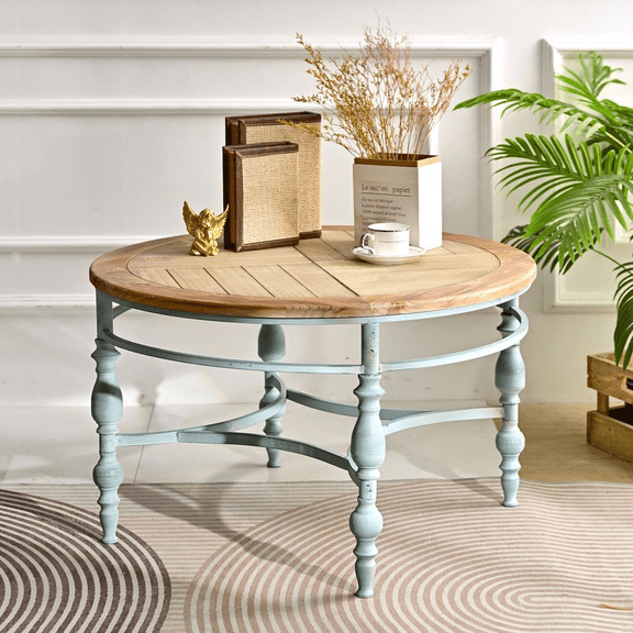 TIMOREN 31.5 Rustic Round Coffee Table, Tea Table with Carved Wooden Top and Metal Legs, Accent End Table for Farmhouse Living Room Decor