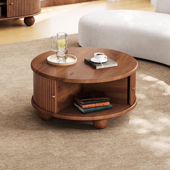 TIMOREN 31.8" Round Coffee Table with Storage, Fluted Solid Pine Wood Tea Table with Sliding Door & Hidden Compartment for Living Room, Walnut Finish