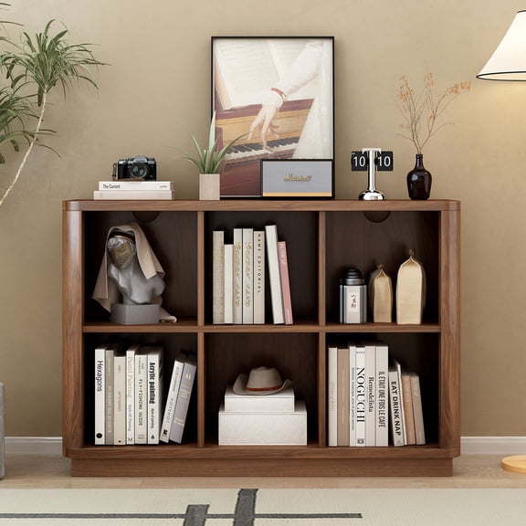 TIMOREN 40 Wide 6 Cube Storage Bookcase, Low Horizontal Bookshelf with Curved Edge and Wood Base, 2-Tier Farmhouse Bookcase for Living Room or Bedroom, Walnut
