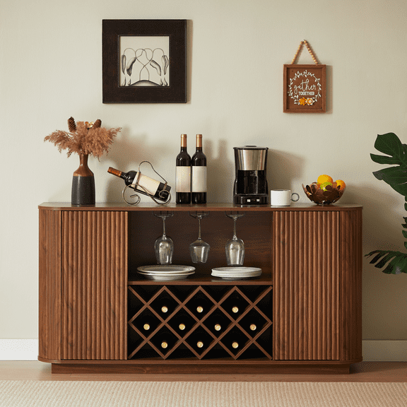 TIMOREN 58 Modern Wavy Buffet Sideboard Cabinet, Storage Cabinet with Wine Rack & Glass Holder, Adjustable Shelves for Coffee Bar, Buffet for Dining Room & Kitchen, Walnut