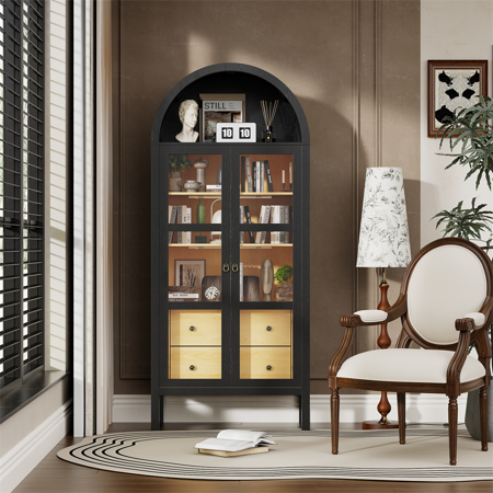 TIMOREN 72" Arched Storage Cabinet, Accent Cabinet with Glass Doors and Auto Sensor Light, Height Adjustable Shelves and 2 Drawers for Living Room or Kitchen, Black