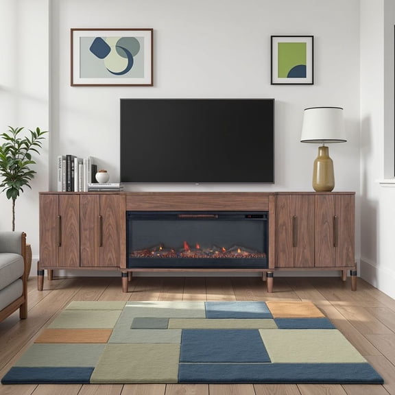 TIMOREN 94 Fireplace TV Stand for TVs Up to 100 Inches, Modern Media TV Console Table with 4 Drawers, Electric Fireplace Insert with Remote, Walnut Finish