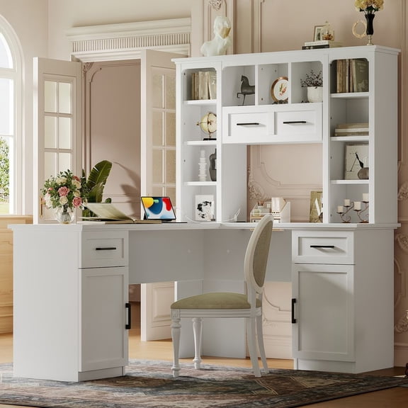 TIMOREN L-Shaped Desk, Computer Desk with Power Outlet, 2 Cabinets and 2 Drawers, 11 Open Shelves and Flip Storage for Study, Living Room or Office, White