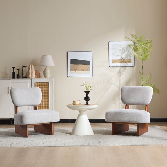 TIMOREN Low Profile Accent Chair Set of 2, Modern Living Room Armless Lounge Chair, Fabric Comfy Reading Chair for for Living Room, Bedroom or Office Seating, Walnut & Gray