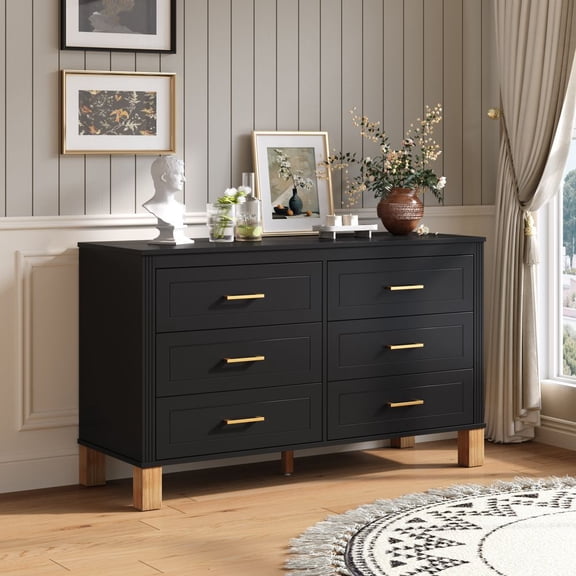 TIMOREN Modern 6-Drawer Double Dresser, Wooden Storage Cabinet with Metal Handles & Solid Wood Legs, Heavy-Duty Drawers for Kids Bedroom, Nursery or Living Room, Black