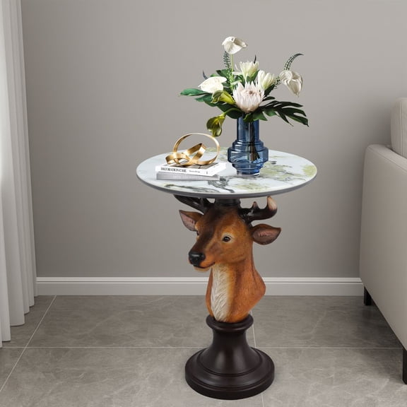 TIMOREN Modern Deer Head Accent Table with Faux Marble Top, Animal Statue End Table for Living Room, Bedroom or Cabin Decor, Elegant Deer Bust Side Table