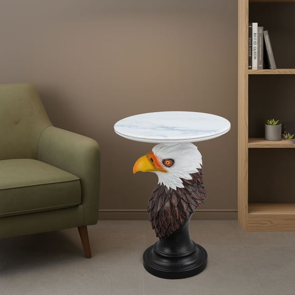 TIMOREN Modern Eagle Head Accent Table with Faux Marble Round Top, Animal Statue End Table for Living Room, Bedroom or Reception Area, Realistic Eagle Sculpture Side Table