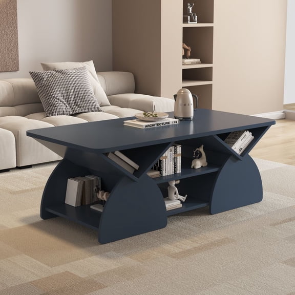 TIMOREN Modern Geometric Coffee Table with Storage, 47 Rectangular Engineered Wood Table with Open Shelves & Rounded Corners for Living Room, Blue
