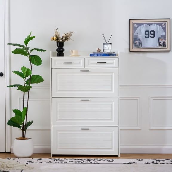 TIMOREN Modern Shoe Cabinet with 2 Drawers and 3 Flip Doors, Capacity Multi-Tier Shoe Storage Organizer with Top Shelf for Entryway, Hallway, or Bedroom, White