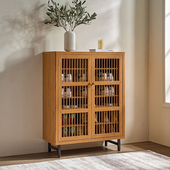 TIMOREN Modern Shoe Cabinet with Shutter Doors, 6-Tier Entryway Shoe Cabinet with Adjustable Shelves, Wooden Rack Organizer for Entryway, Hallway, Closet, Living Room, Walnut