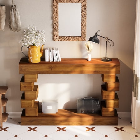 TIMOREN Modern Wood Console Table, Entryway Table with Geometric Block Stacked Base, Accent Table for Living Room, Hallway, Foyer, Stylish Decorative Wooden Furniture